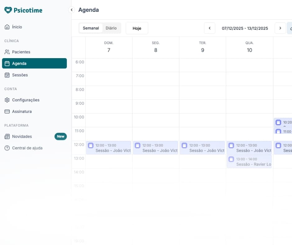 Tela da agenda do Psicotime com as sessões da semana
