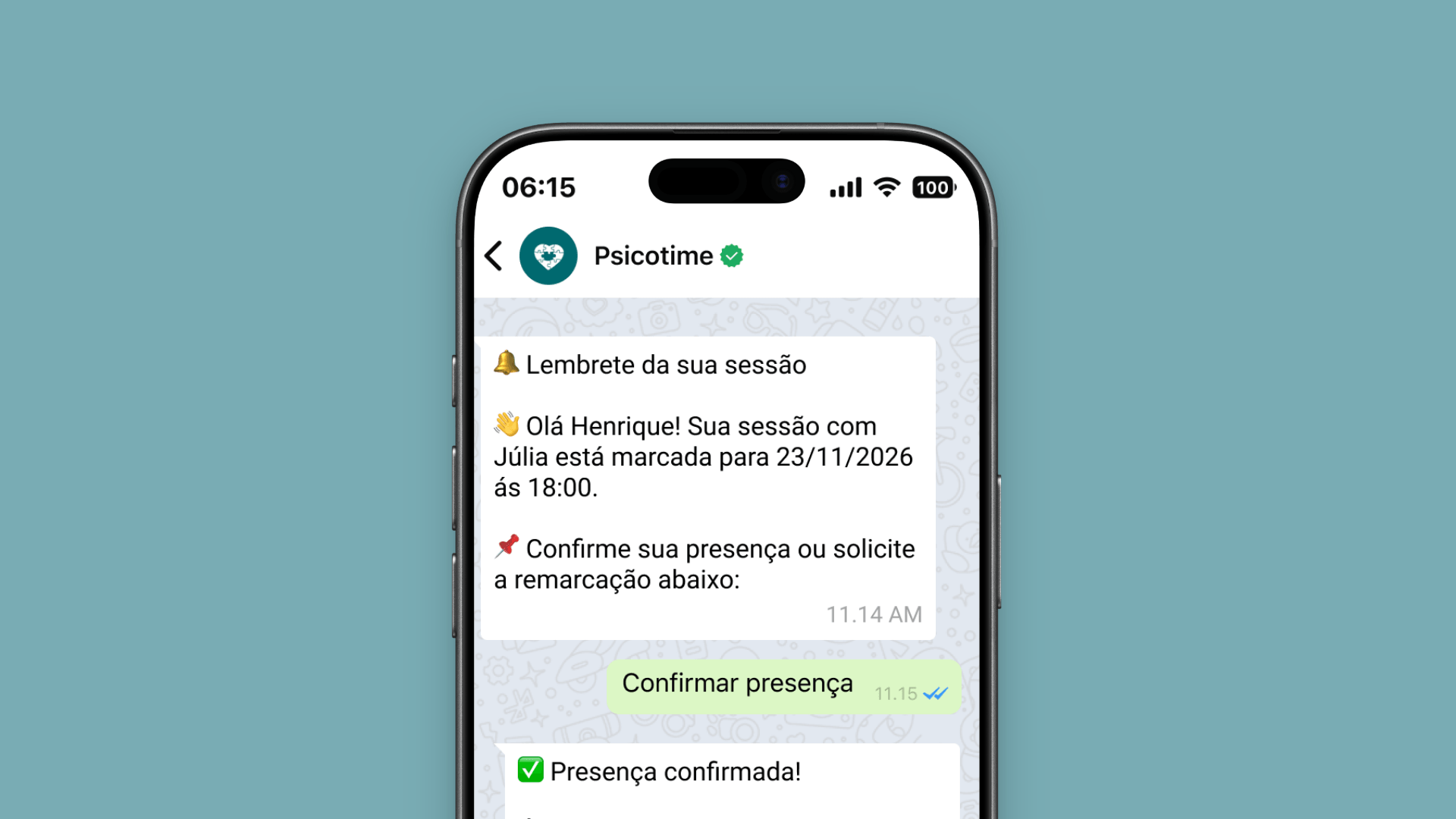 Conversa no WhatsApp com pedido de confirmação de presença