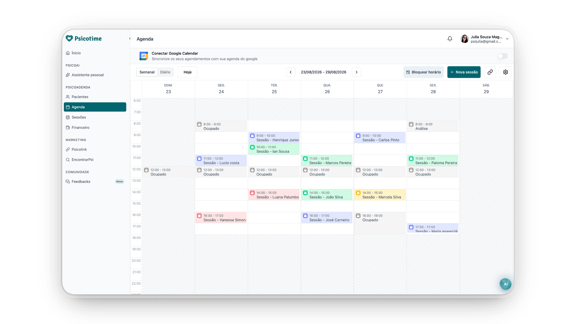 Agenda do Psicotime com a semana de atendimentos organizada