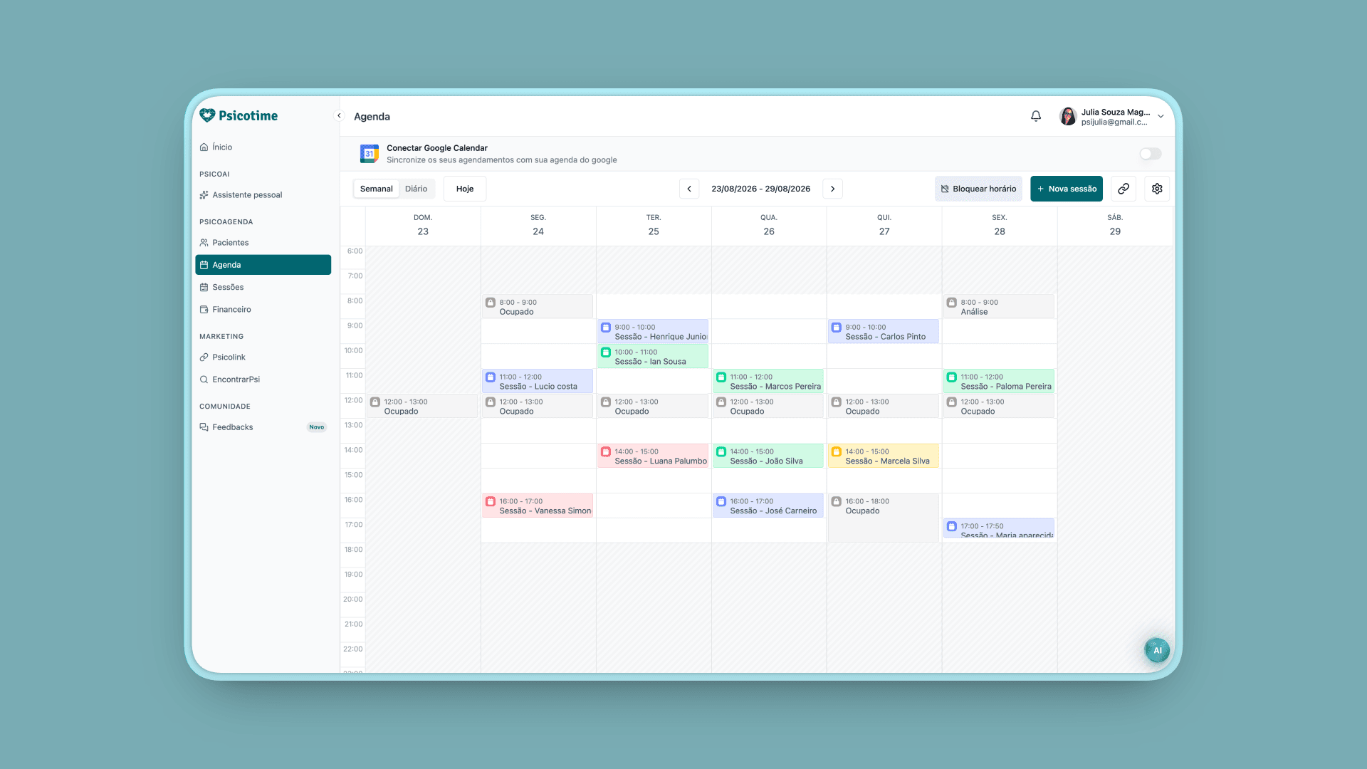Tela da agenda do Psicotime com as sessões da semana