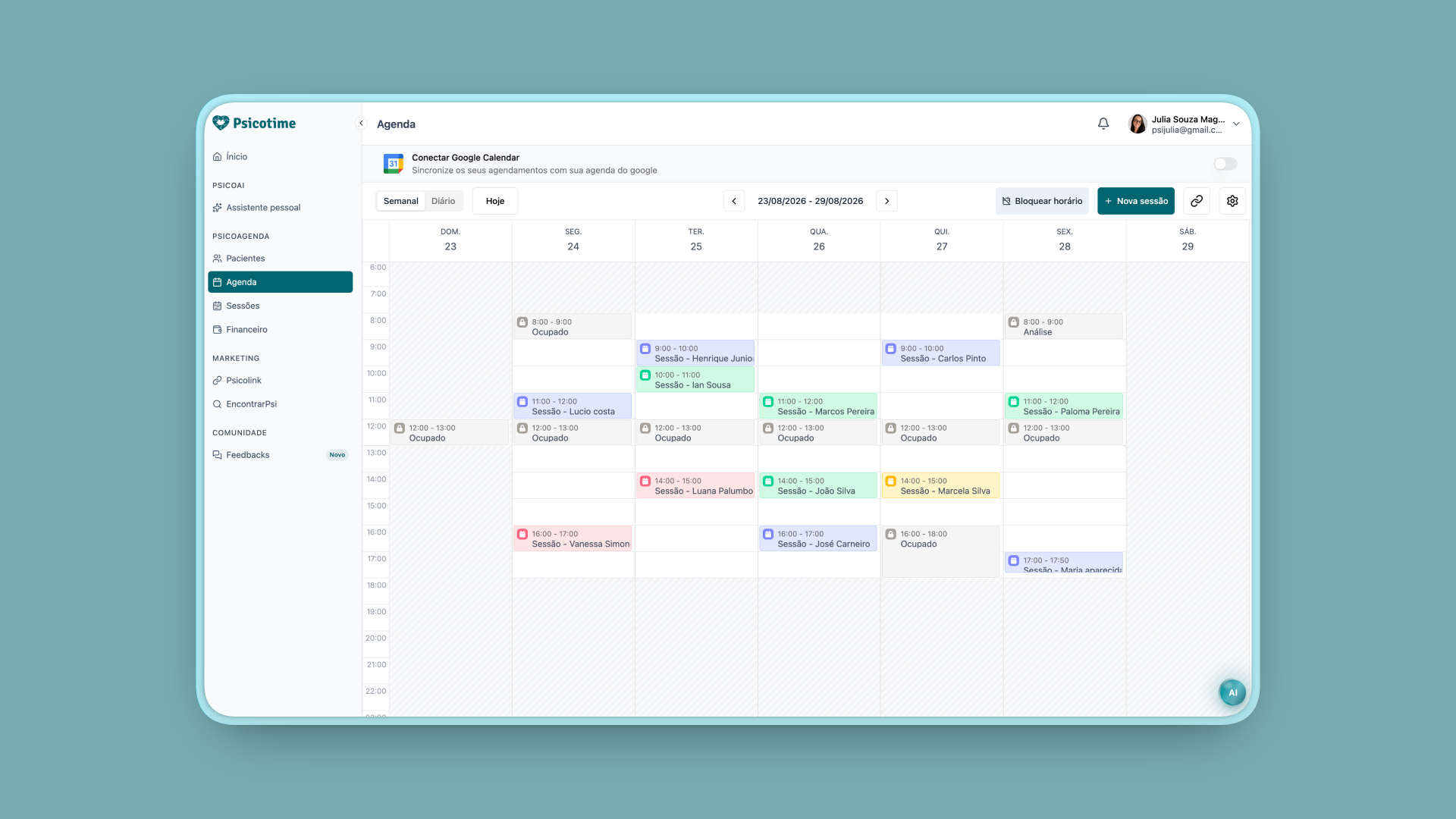 Tela da agenda do Psicotime com as sessões da semana
